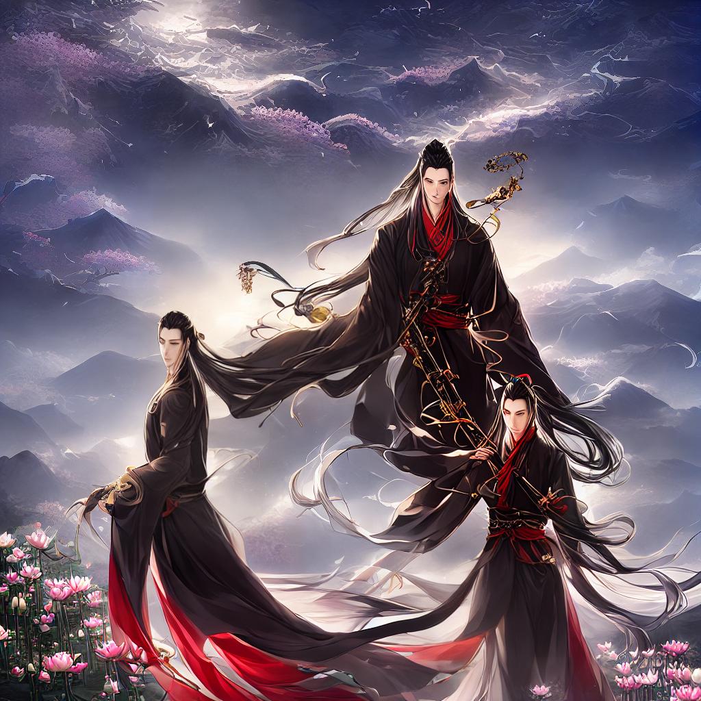  ((masterpiece)),(((best quality))), 8k, high detailed, ultra-detailed.魏无羡, A boy with long hair and red ribbon, standing on a mountain peak, wearing a flowing black robe and playing a haunting tune on a flute, surrounded by a sea of clouds, (lotus flowers) blooming in the foreground, casting a soft glow in the moonlight, (Lan Wangji) watching from a distance with a melancholic expression. hyperrealistic, full body, detailed clothing, highly detailed, cinematic lighting, stunningly beautiful, intricate, sharp focus, f/1. 8, 85mm, (centered image composition), (professionally color graded), ((bright soft diffused light)), volumetric fog, trending on instagram, trending on tumblr, HDR 4K, 8K