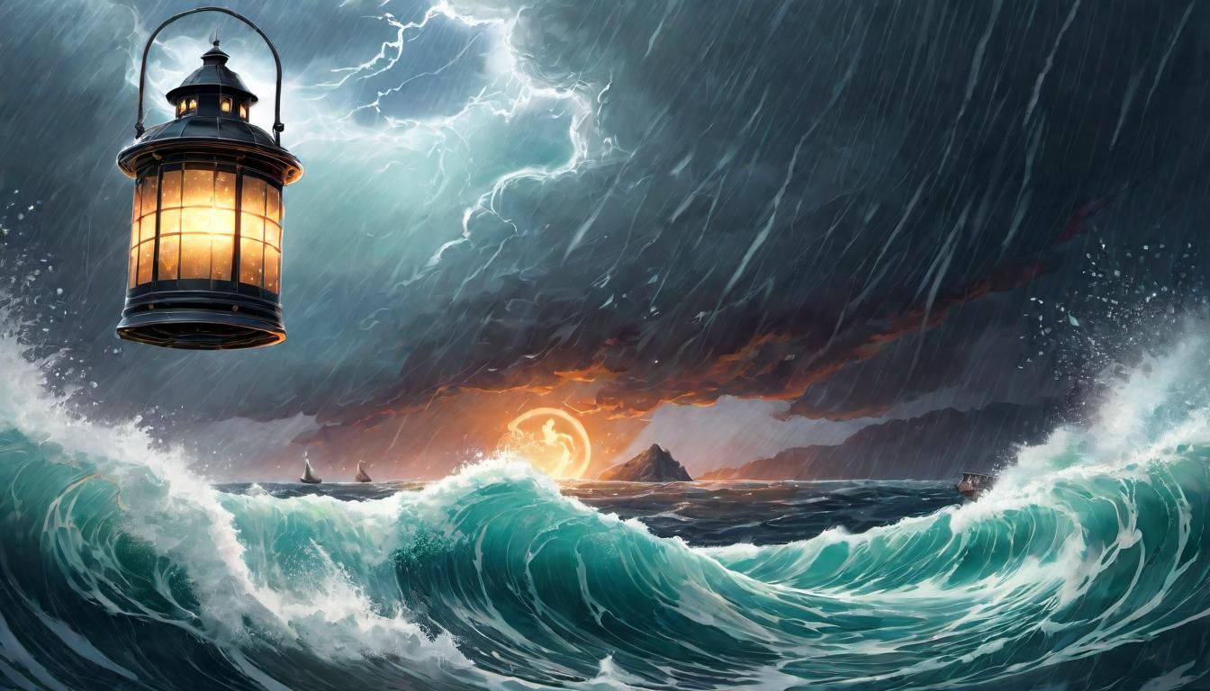  digital illustration A lantern held high in a storm, guiding through a tumultuous sea of data, offering clarity and stability, hopeful, illuminating. looking at viewer, dynamic pose, (intricate details, masterpiece, best quality)