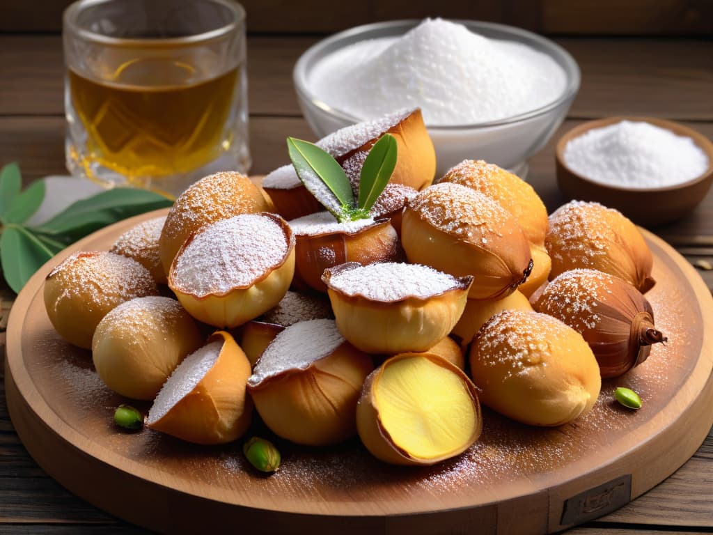  A photorealistic closeup image of goldenbrown lokmas, freshly fried and glistening with syrup, arranged beautifully on a rustic wooden platter. The lokmas are dusted with powdered sugar and garnished with a sprinkle of chopped pistachios, showcasing their irresistible crisp exterior and soft, pillowy interior. The background features soft, diffused lighting that highlights the texture and shine of the lokmas, creating an inviting and mouthwatering visual appeal. hyperrealistic, full body, detailed clothing, highly detailed, cinematic lighting, stunningly beautiful, intricate, sharp focus, f/1. 8, 85mm, (centered image composition), (professionally color graded), ((bright soft diffused light)), volumetric fog, trending on instagram, trending on tumblr, HDR 4K, 8K