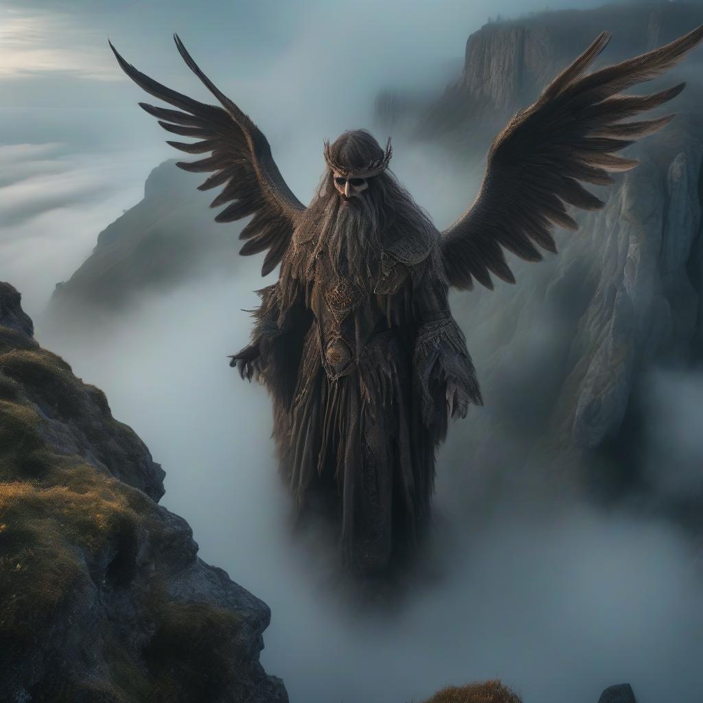  horror themed The earth's god, a man with long brown hair, flies over the fog above the cliffs, mysticism. . eerie, unsettling, dark, spooky, suspenseful, grim, highly detailed hyperrealistic, full body, detailed clothing, highly detailed, cinematic lighting, stunningly beautiful, intricate, sharp focus, f/1. 8, 85mm, (centered image composition), (professionally color graded), ((bright soft diffused light)), volumetric fog, trending on instagram, trending on tumblr, HDR 4K, 8K