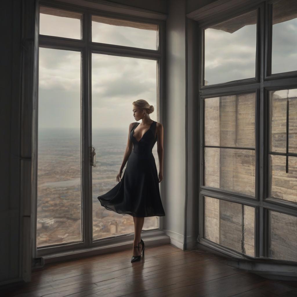  A vintage sad beauty in a black dress looks out of the window at the end of the world in the 1990s. hyperrealistic, full body, detailed clothing, highly detailed, cinematic lighting, stunningly beautiful, intricate, sharp focus, f/1. 8, 85mm, (centered image composition), (professionally color graded), ((bright soft diffused light)), volumetric fog, trending on instagram, trending on tumblr, HDR 4K, 8K