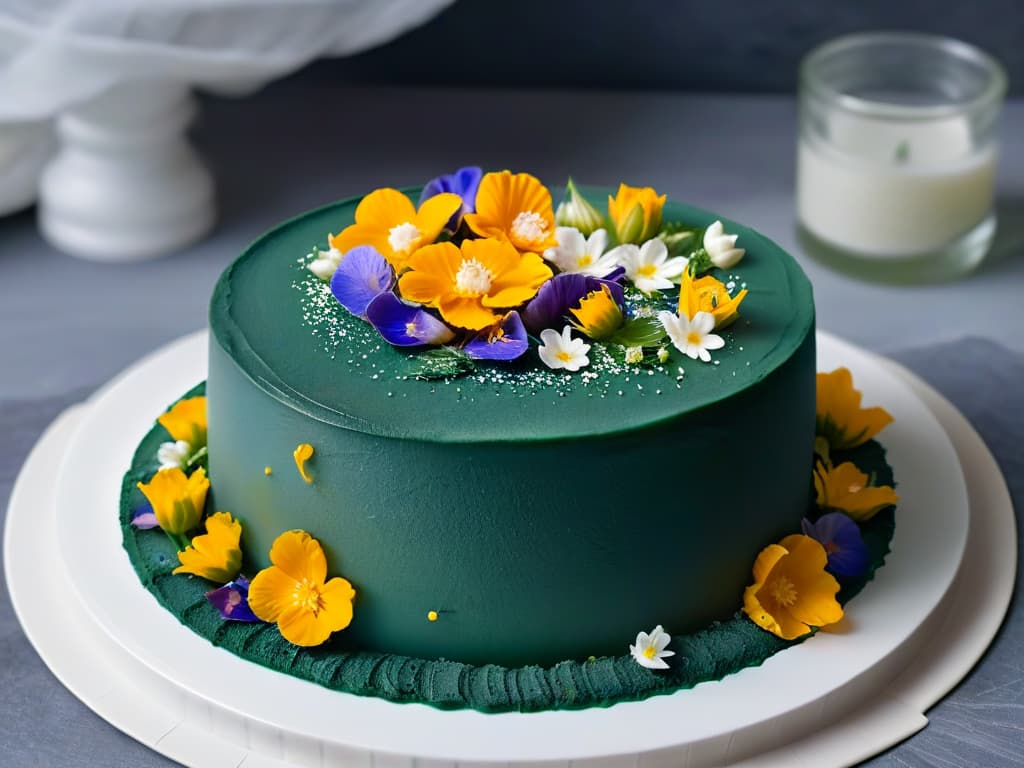  An ultradetailed closeup image of a vibrant green spirulinainfused cheesecake topped with delicate edible flowers, set on a sleek, modern white plate against a stark black backdrop. The smooth texture of the cheesecake contrasts beautifully with the intricate details of the flowers, showcasing the elegance and creativity of incorporating spirulina into gourmet desserts. hyperrealistic, full body, detailed clothing, highly detailed, cinematic lighting, stunningly beautiful, intricate, sharp focus, f/1. 8, 85mm, (centered image composition), (professionally color graded), ((bright soft diffused light)), volumetric fog, trending on instagram, trending on tumblr, HDR 4K, 8K