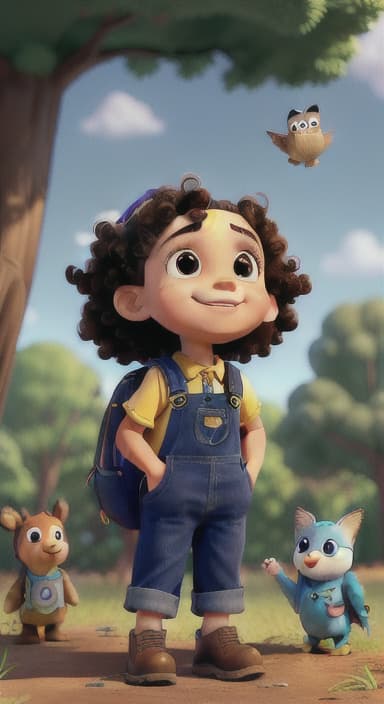  {Riley looking up at the tree with a big smile, animals surrounding them., Riley, a curious with big brown eyes and curly hair, wearing overalls and carrying a small backpack. Their friend, Skye, a bluebird with shiny feathers.