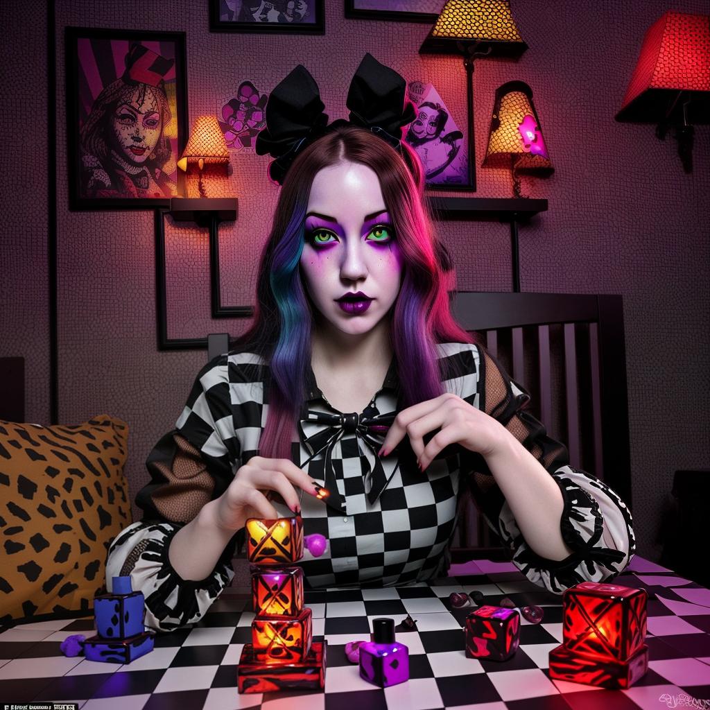  Alice in wonderland candy goth hell queen with glowing eyes, 1 eye is an X. composed of checkered blocks, creating an immersive optical illusion in a blocky checkered pattern, extremely detailed and photorealistic, with dramatic lighting and vibrant colors that accentuate the checkered design, a captivating visual masterpiece.