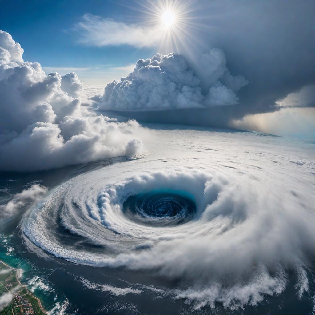  Eye of the hurricane, showing the calm center with swirling clouds around it and intense weather conditions. The surrounding clouds appear turbulent and dark, contrasting with the calm and bright center. It might also contain some lightning bolts and rain to emphasize the power of the hurricane. hyperrealistic, full body, detailed clothing, highly detailed, cinematic lighting, stunningly beautiful, intricate, sharp focus, f/1. 8, 85mm, (centered image composition), (professionally color graded), ((bright soft diffused light)), volumetric fog, trending on instagram, trending on tumblr, HDR 4K, 8K