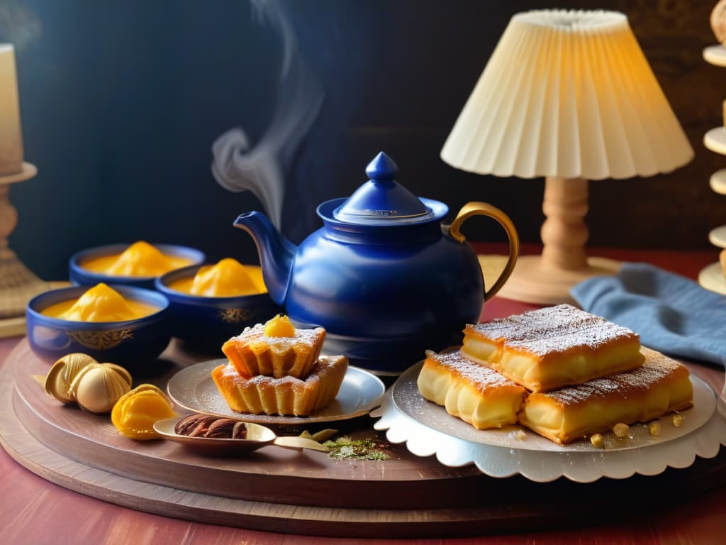  An intricately designed Arabic tea set featuring delicate gold patterns on a deep blue background, with steam rising from a small, ornate teapot. The set is placed on a rustic wooden table next to a stack of traditional baklava pastries, their layers of filo dough and nuts glistening in the soft, golden light filtering through a nearby window. The scene exudes a sense of exotic allure and culinary sophistication, inviting the viewer to indulge in the rich flavors and textures of Arabian desserts. hyperrealistic, full body, detailed clothing, highly detailed, cinematic lighting, stunningly beautiful, intricate, sharp focus, f/1. 8, 85mm, (centered image composition), (professionally color graded), ((bright soft diffused light)), volumetric fog, trending on instagram, trending on tumblr, HDR 4K, 8K