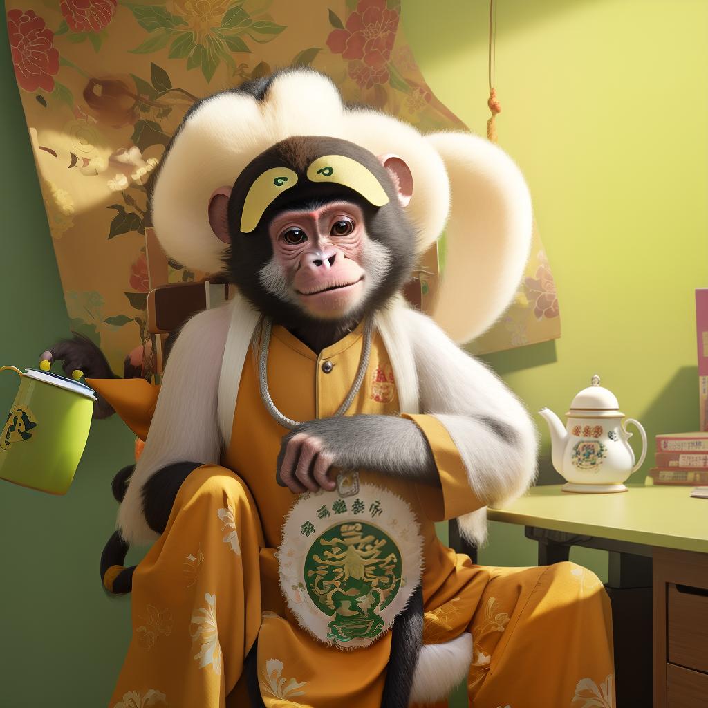  monkey dressed as a chengguan sits at his desk drinking tea