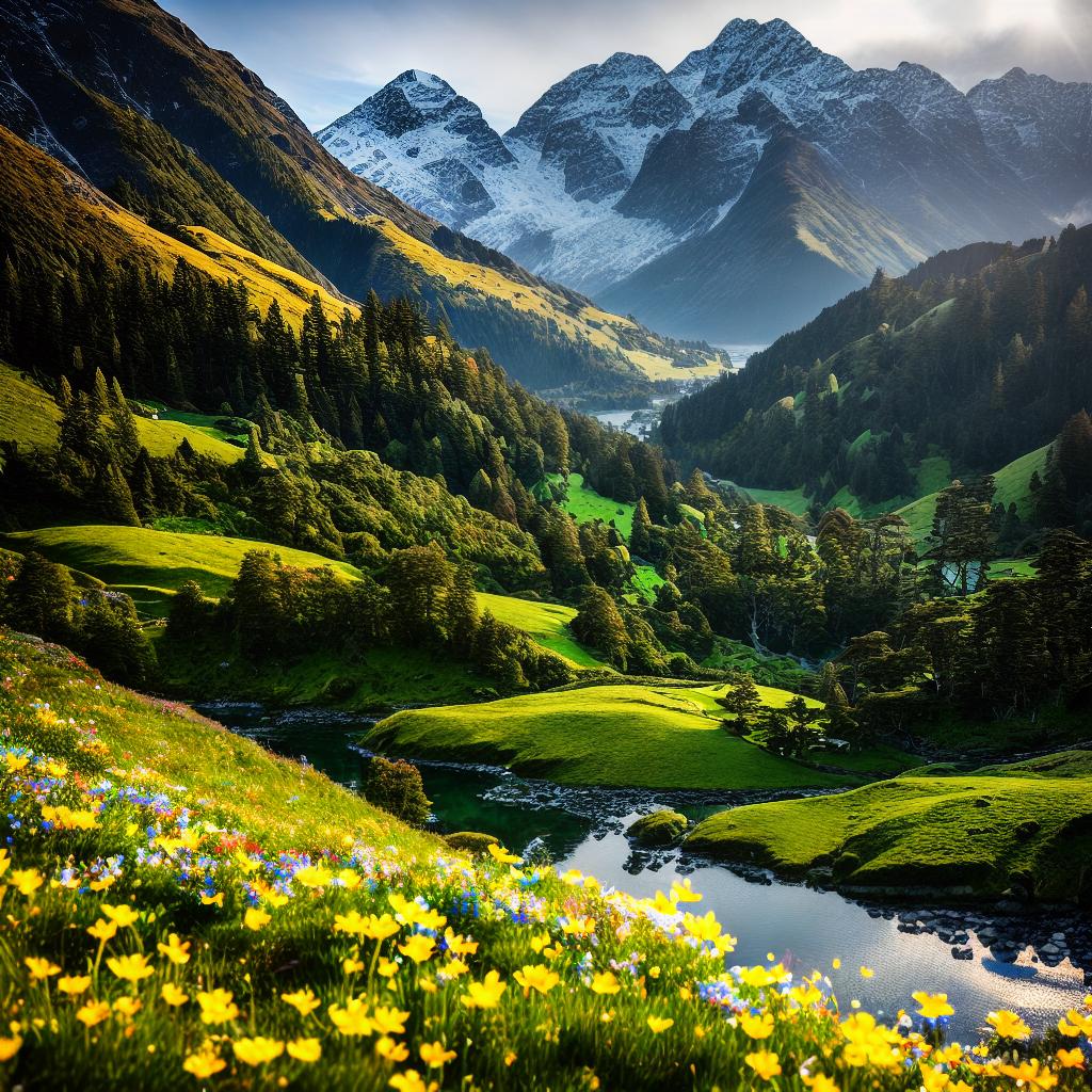  ((Masterpiece)), (((Best quality))), 8k, high detailed, ultra-detailed. A picturesque New Zealand landscape with vibrant colors and breathtaking scenery. (Snow-capped mountains) reflecting in a crystal-clear (lake) surrounded by lush (green forests) and blooming (wildflowers). The (golden sunlight) casts a warm glow on the (rolling hills) and (waterfall) in the distance. hyperrealistic, full body, detailed clothing, highly detailed, cinematic lighting, stunningly beautiful, intricate, sharp focus, f/1. 8, 85mm, (centered image composition), (professionally color graded), ((bright soft diffused light)), volumetric fog, trending on instagram, trending on tumblr, HDR 4K, 8K