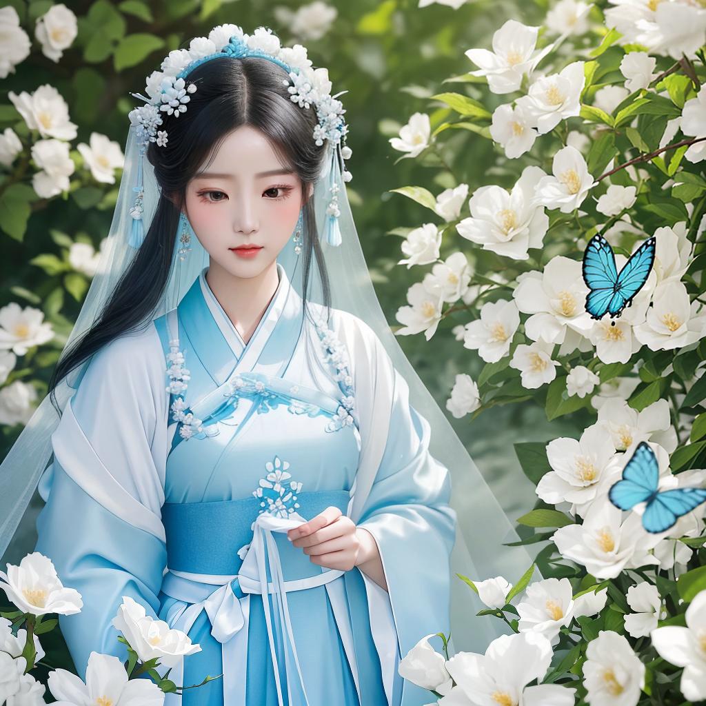  masterpiece, best quality, A stunning visual prompt: A mesmerizing photograph captures the ethereal beauty of a Chinese-style Hanfu-clad woman. Her side face reveals every delicate detail, from her flawless skin to the intricate fringed hair ornament and hairpin adorning her long black hair. The light blue Hanfu, adorned with a tulle coat, adds a touch of grace to the scene. Against a backdrop of a lush white flower bush, a light blue butterfly gracefully flutters by. The cinematic lighting effects enhance the atmosphere, casting a soft, enchanting glow on the mesmerizing scene. The photograph, rendered in ultra-high resolution with 8K fidelity, is a true masterpiece, showcasing the best quality and ensuring every minute detail is captured 