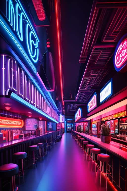  Generate a retro themed snack bar interior background in a photo realistic style. Place a counter in the center of the screen and place multiple red and blue neon tubes on the walls. While the neon lights are vibrant, the lighting inside the bar should be generally dim. Please do not include any people in the photo. hyperrealistic, full body, detailed clothing, highly detailed, cinematic lighting, stunningly beautiful, intricate, sharp focus, f/1. 8, 85mm, (centered image composition), (professionally color graded), ((bright soft diffused light)), volumetric fog, trending on instagram, trending on tumblr, HDR 4K, 8K