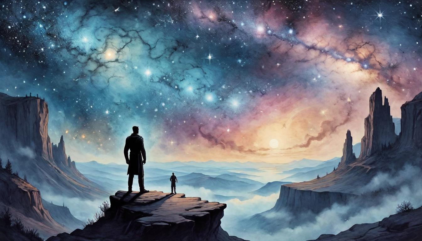  on parchment, surrealism+++, A figure stands at the edge of a cliff, facing a vast cosmos filled with stars and nebulae, hands open in acceptance. Cosmos overwhelming yet inviting, figure silhouetted against infinity, moment of surrender and empowerment, stars gleaming with destiny.(mysterious, provocative, symbolic,muted color)+++