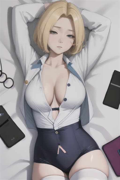  Big tits, chest, button removed shirt, raw legs, sleeping habits, swimsuits, stockings, blonde hair short hair, on bed, close contact, sweet expression