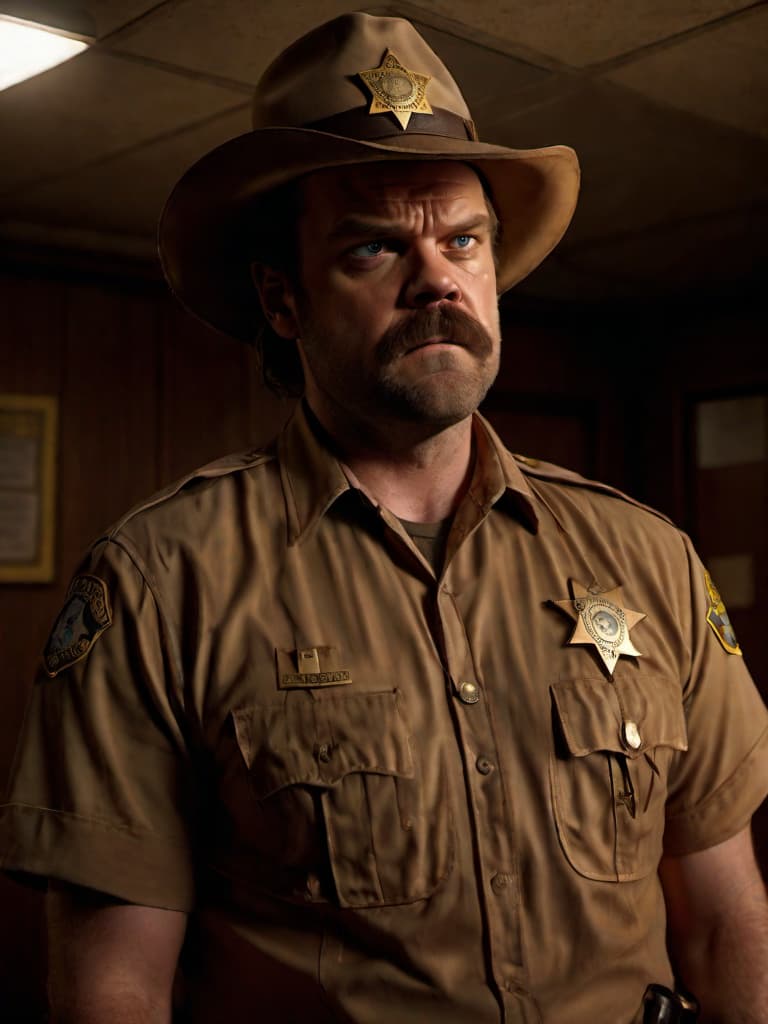  A highly detailed 3D rendering of Jim Hopper, resembling David Harbour from the TV series 'Stranger Things', dressed in his typical sheriff's uniform with a beige shirt, badge, and hat, standing in the dimly lit, eerie interior of a cluttered police station with flickering fluorescent lights, capturing the intense and protective expression on his face as he prepares for the next mysterious challenge.