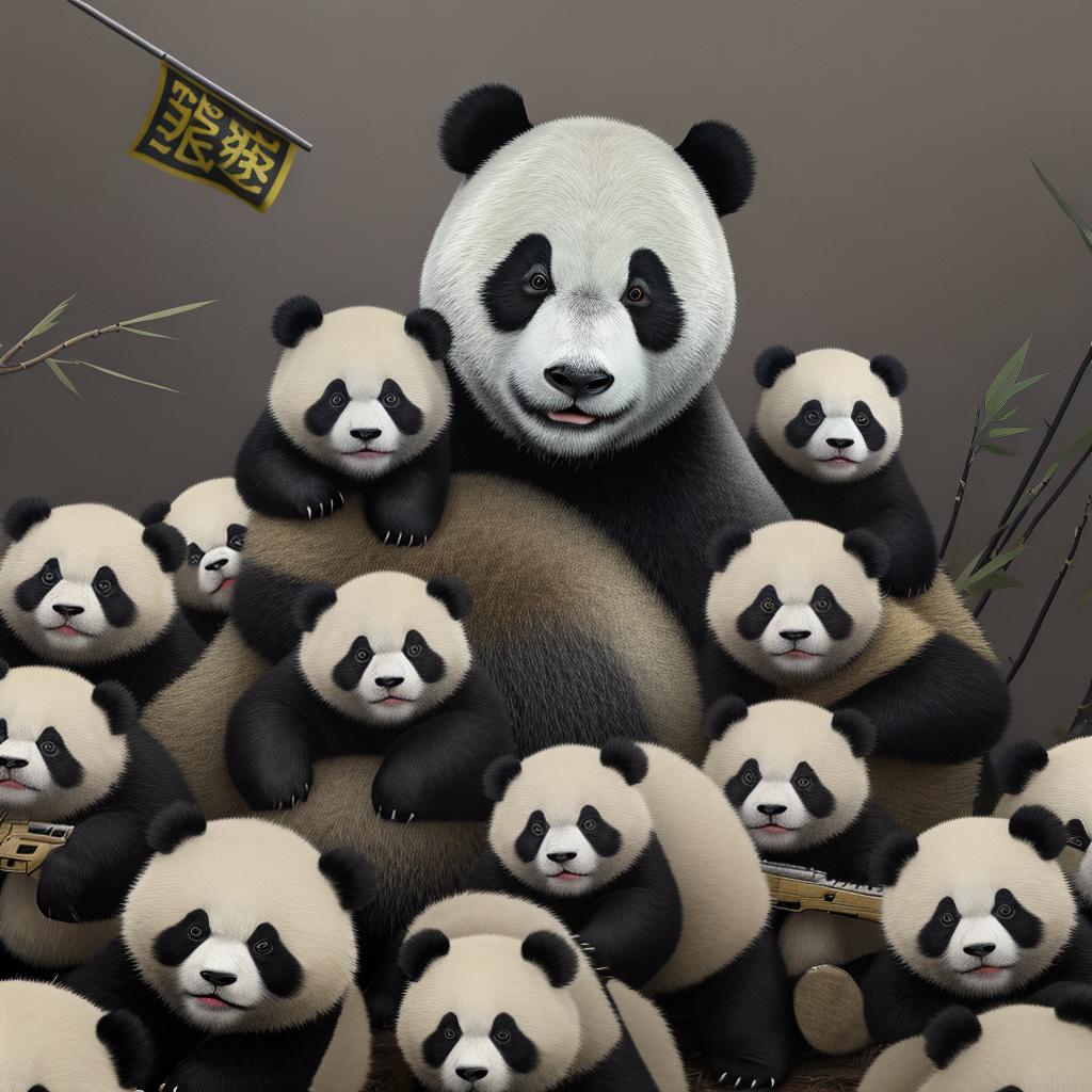  a giant panda wearing a pla uniform and holding a rifle has a serious expression and is surrounded by his comrades.