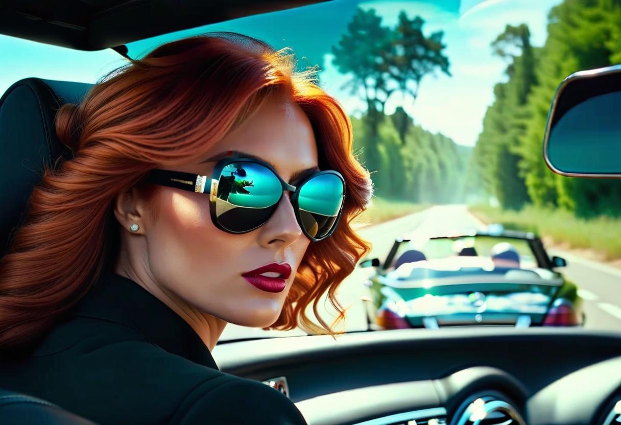  cinematic photo The face of a girl with reddish hair behind the windshield of a "Mercedes," close up, close up of the girl's face, big sunglasses. . 35mm photograph, film, bokeh, professional, 4k, highly detailed hyperrealistic, full body, detailed clothing, highly detailed, cinematic lighting, stunningly beautiful, intricate, sharp focus, f/1. 8, 85mm, (centered image composition), (professionally color graded), ((bright soft diffused light)), volumetric fog, trending on instagram, trending on tumblr, HDR 4K, 8K