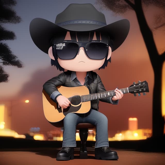  A 17-year old male emo country musician with short dark blue hair, blue eyes, and sunglasses wearing a gray and black emo Western outfit and a black cowboy hat playing an acoustic guitar in front of a dark twilight background. Western film style. cinematic, epic realism,8K, highly detailed, ((best quality)), ((masterpiece)), highly detailed, absurdres, HDR 4K, 8K