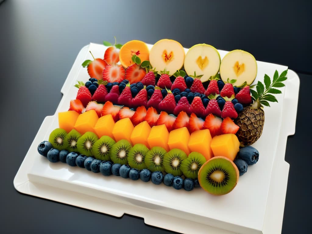  A highresolution, minimalist image of a vibrant, colorful fruit platter arranged meticulously on a sleek, modern white platter. The fruits are perfectly sliced and arranged in a visually appealing manner, showcasing a variety of textures and colors. The background is a soft, neutral tone that enhances the vivid hues of the fruits, creating a visually striking and enticing image that conveys freshness and healthy eating. hyperrealistic, full body, detailed clothing, highly detailed, cinematic lighting, stunningly beautiful, intricate, sharp focus, f/1. 8, 85mm, (centered image composition), (professionally color graded), ((bright soft diffused light)), volumetric fog, trending on instagram, trending on tumblr, HDR 4K, 8K