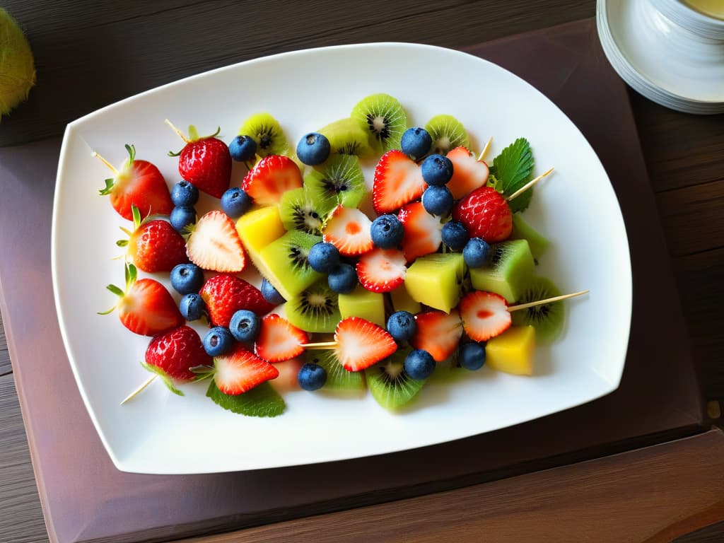  A highresolution image of a beautifully arranged plate of colorful fruit skewers, featuring vibrant strawberries, blueberries, kiwi slices, and pineapple chunks, all elegantly displayed on a white plate with a sprinkle of fresh mint leaves on top. The fruits are perfectly cut and artistically positioned, showcasing a healthy and appetizing dessert option that perfectly embodies the concept of detoxifying and delicious treats. The image is captured from a topdown perspective, highlighting the freshness and natural beauty of the ingredients, while also conveying a sense of sophistication and wellness. hyperrealistic, full body, detailed clothing, highly detailed, cinematic lighting, stunningly beautiful, intricate, sharp focus, f/1. 8, 85mm, (centered image composition), (professionally color graded), ((bright soft diffused light)), volumetric fog, trending on instagram, trending on tumblr, HDR 4K, 8K