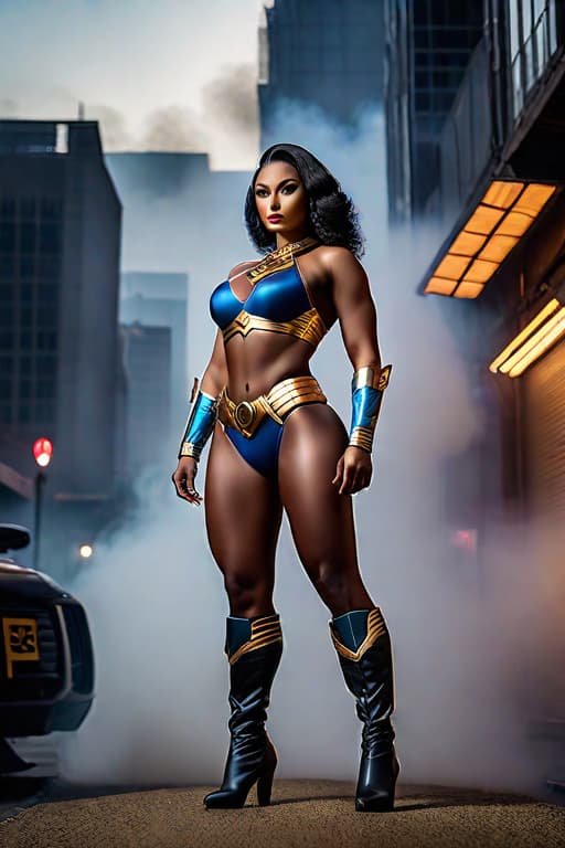  Women african super hero stood high, behind her, looking straight and busty hyperrealistic, full body, detailed clothing, highly detailed, cinematic lighting, stunningly beautiful, intricate, sharp focus, f/1. 8, 85mm, (centered image composition), (professionally color graded), ((bright soft diffused light)), volumetric fog, trending on instagram, trending on tumblr, HDR 4K, 8K