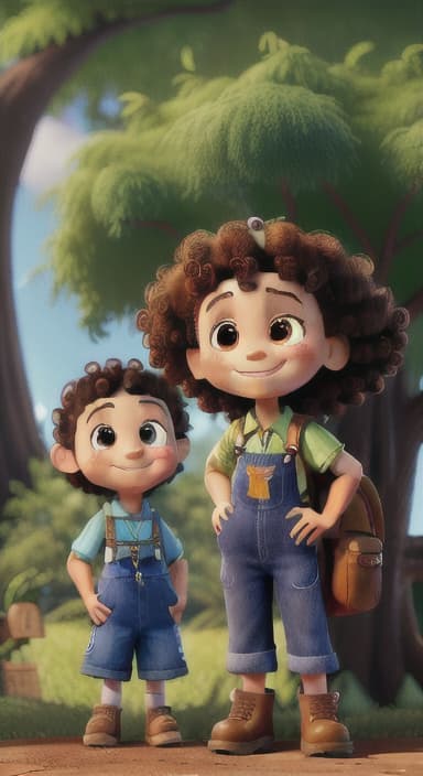  {The tree with a smiling face formed by its bark, looking down at Riley., Riley, a curious with big brown eyes and curly hair, wearing overalls and carrying a small backpack. Their friend, Skye, a bluebird with shiny feathers.