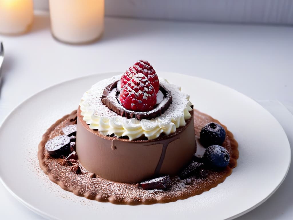  A highresolution, ultradetailed image of a simple, elegant white plate with a perfectly crafted, delicate and decadent chocolate mousse dessert at the center. The dessert is garnished with a single fresh raspberry on top, and a light dusting of cocoa powder. The plate sits on a sleek, modern table with soft, natural lighting casting a gentle shadow, emphasizing the minimalist beauty of the dessert. hyperrealistic, full body, detailed clothing, highly detailed, cinematic lighting, stunningly beautiful, intricate, sharp focus, f/1. 8, 85mm, (centered image composition), (professionally color graded), ((bright soft diffused light)), volumetric fog, trending on instagram, trending on tumblr, HDR 4K, 8K