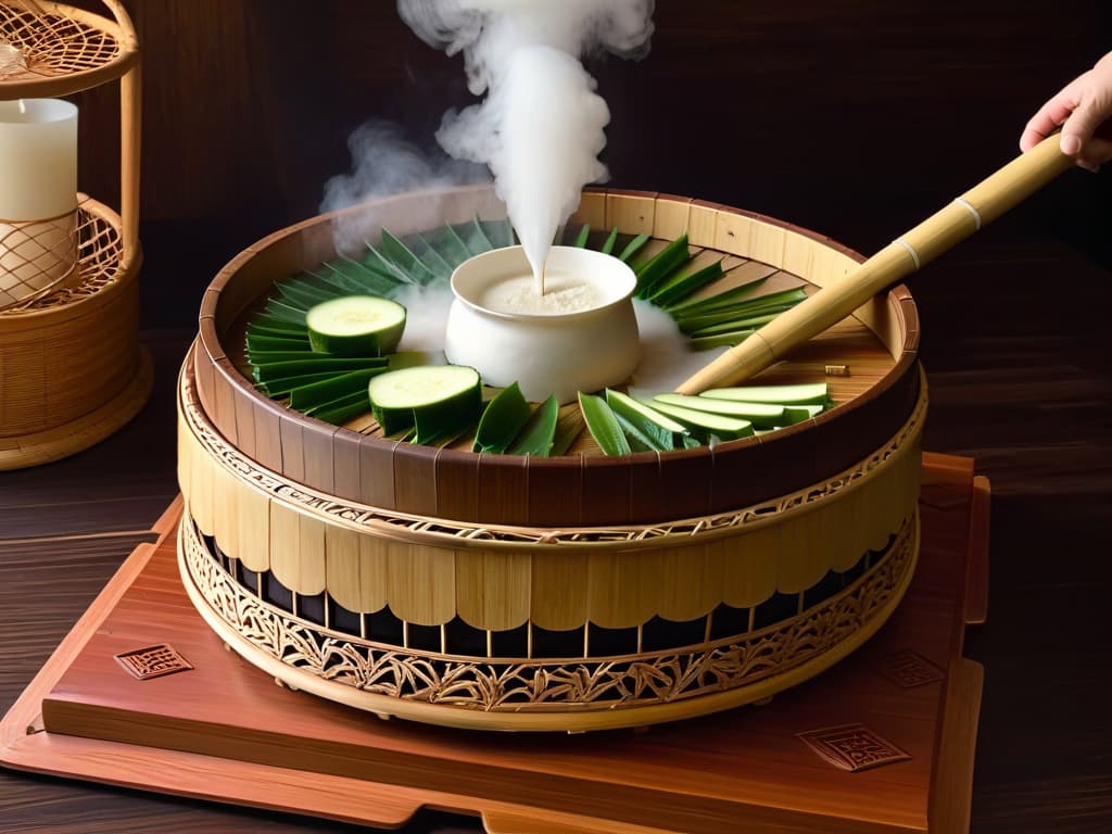  An intricately designed Filipino "puto bumbong" steamer made of bamboo, elegantly crafted with intricate carvings and delicate details, sitting on a rustic wooden table. The soft lighting highlights the steam rising from the steamer, creating a warm and inviting atmosphere that captures the essence of traditional Filipino dessertmaking. hyperrealistic, full body, detailed clothing, highly detailed, cinematic lighting, stunningly beautiful, intricate, sharp focus, f/1. 8, 85mm, (centered image composition), (professionally color graded), ((bright soft diffused light)), volumetric fog, trending on instagram, trending on tumblr, HDR 4K, 8K