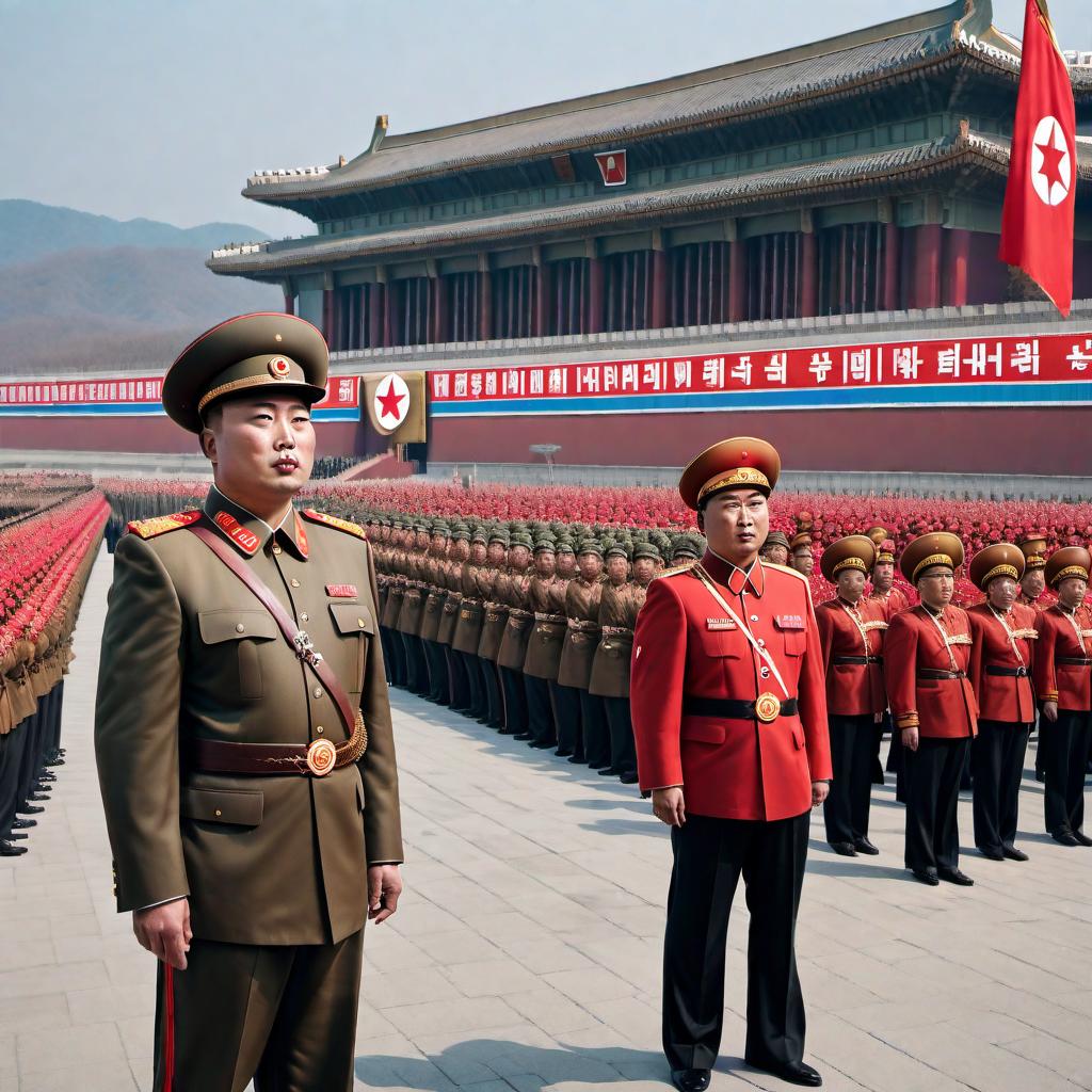  Elon Musk as the leader of North Korea, dressed in a traditional North Korean military uniform, waving to a crowd during a military parade. The image should accurately represent Elon Musk's features and insert him into the scene in a photo-realistic manner. The surroundings should include North Korean military officials, soldiers, flags, and banners typical of such a parade, with a sense of grandeur and formality. The atmosphere should convey the seriousness and spectacle of a North Korean military event. hyperrealistic, full body, detailed clothing, highly detailed, cinematic lighting, stunningly beautiful, intricate, sharp focus, f/1. 8, 85mm, (centered image composition), (professionally color graded), ((bright soft diffused light)), volumetric fog, trending on instagram, trending on tumblr, HDR 4K, 8K