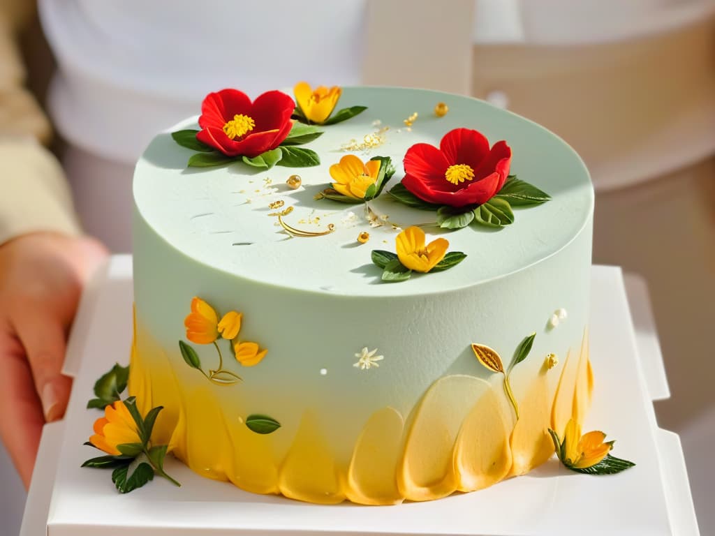  A closeup, ultradetailed image of a delicate, handcrafted pastry being decorated with intricate, vibrant edible flowers and gold leaf flakes, set against a pristine white backdrop. The focus is on the meticulous details of the pastry design, showcasing the artistry and skill involved in creating sustainable and visually stunning sweet treats. hyperrealistic, full body, detailed clothing, highly detailed, cinematic lighting, stunningly beautiful, intricate, sharp focus, f/1. 8, 85mm, (centered image composition), (professionally color graded), ((bright soft diffused light)), volumetric fog, trending on instagram, trending on tumblr, HDR 4K, 8K