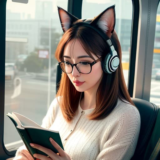  Realistic image of a cat wearing headphones and reading glasses while riding a bus. hyperrealistic, full body, detailed clothing, highly detailed, cinematic lighting, stunningly beautiful, intricate, sharp focus, f/1. 8, 85mm, (centered image composition), (professionally color graded), ((bright soft diffused light)), volumetric fog, trending on instagram, trending on tumblr, HDR 4K, 8K