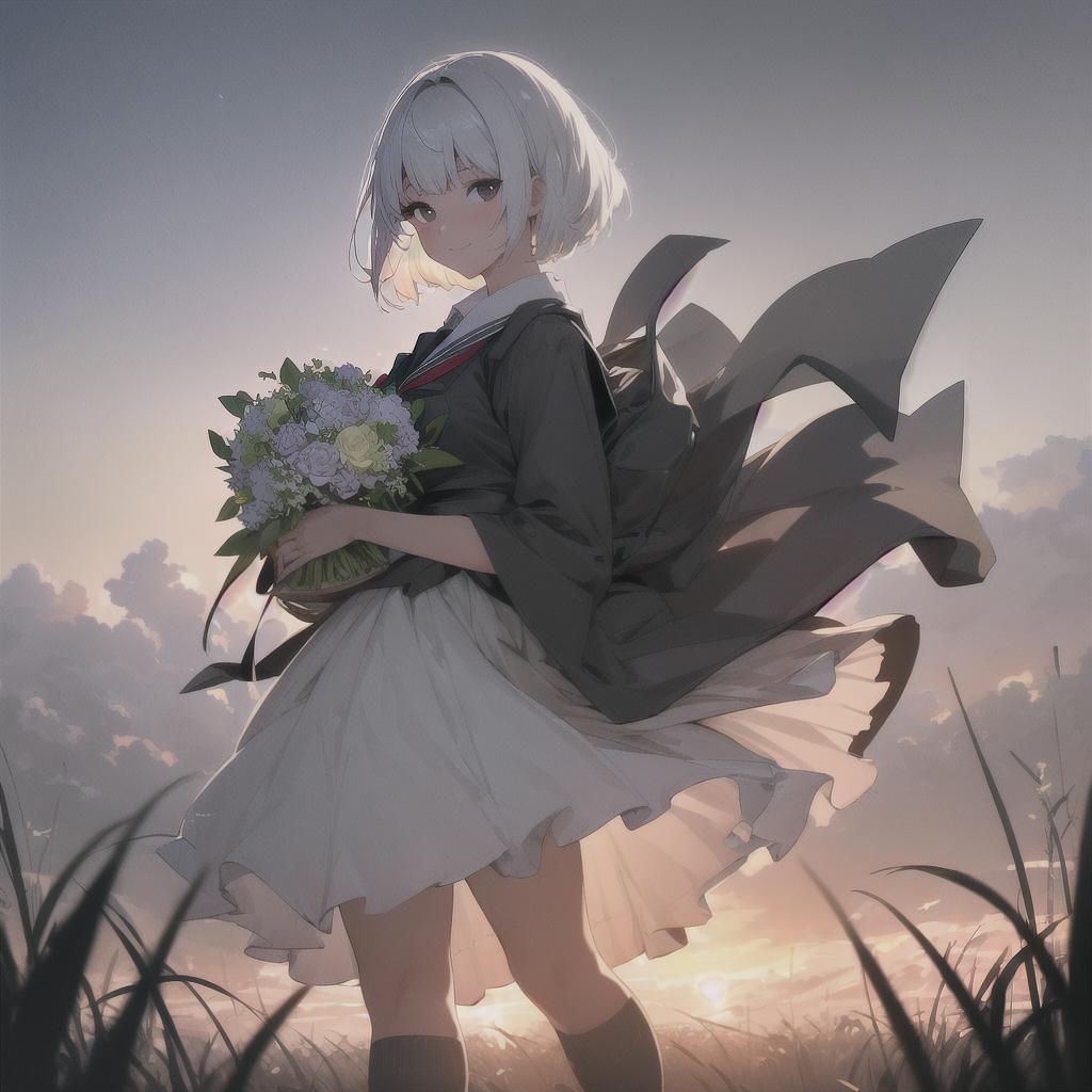  (ultra detailed,ultra high res,detailed background),((dusk)),Depth of Field,pov,tussock,overgrown,cloud sky,(dark sky),((backlighting)),(wind),HDR,high contrast,BREAK 1girl,(facing viewer),(school uniform),looking at viewer,full body,(holding bouquet),(white hair),(black eyes),(medium hair),(bowl cut),light smile,BREAK hyperrealistic, full body, detailed clothing, highly detailed, cinematic lighting, stunningly beautiful, intricate, sharp focus, f/1. 8, 85mm, (centered image composition), (professionally color graded), ((bright soft diffused light)), volumetric fog, trending on instagram, trending on tumblr, HDR 4K, 8K