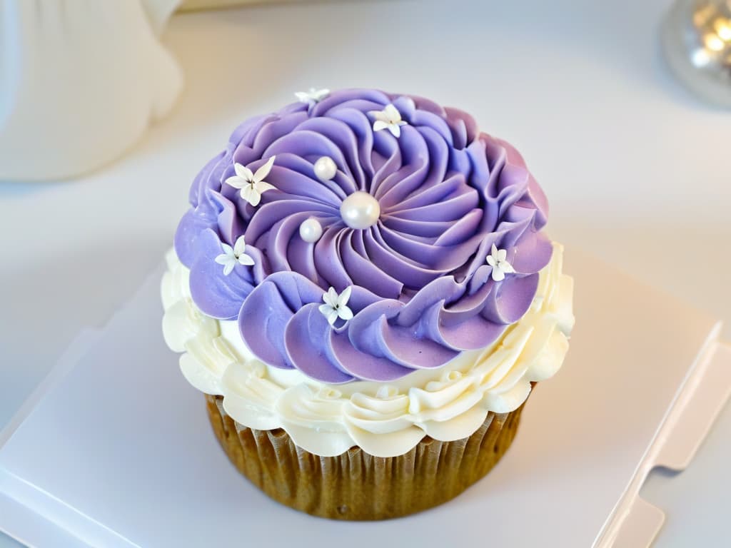  A closeup, ultradetailed image of a beautifully decorated allergenfree cupcake with intricate piping work and vibrant colors, set against a clean, white background. The cupcake is adorned with delicate fondant flowers and shimmering edible pearls, showcasing the artistry and precision of allergenfree baking techniques. hyperrealistic, full body, detailed clothing, highly detailed, cinematic lighting, stunningly beautiful, intricate, sharp focus, f/1. 8, 85mm, (centered image composition), (professionally color graded), ((bright soft diffused light)), volumetric fog, trending on instagram, trending on tumblr, HDR 4K, 8K