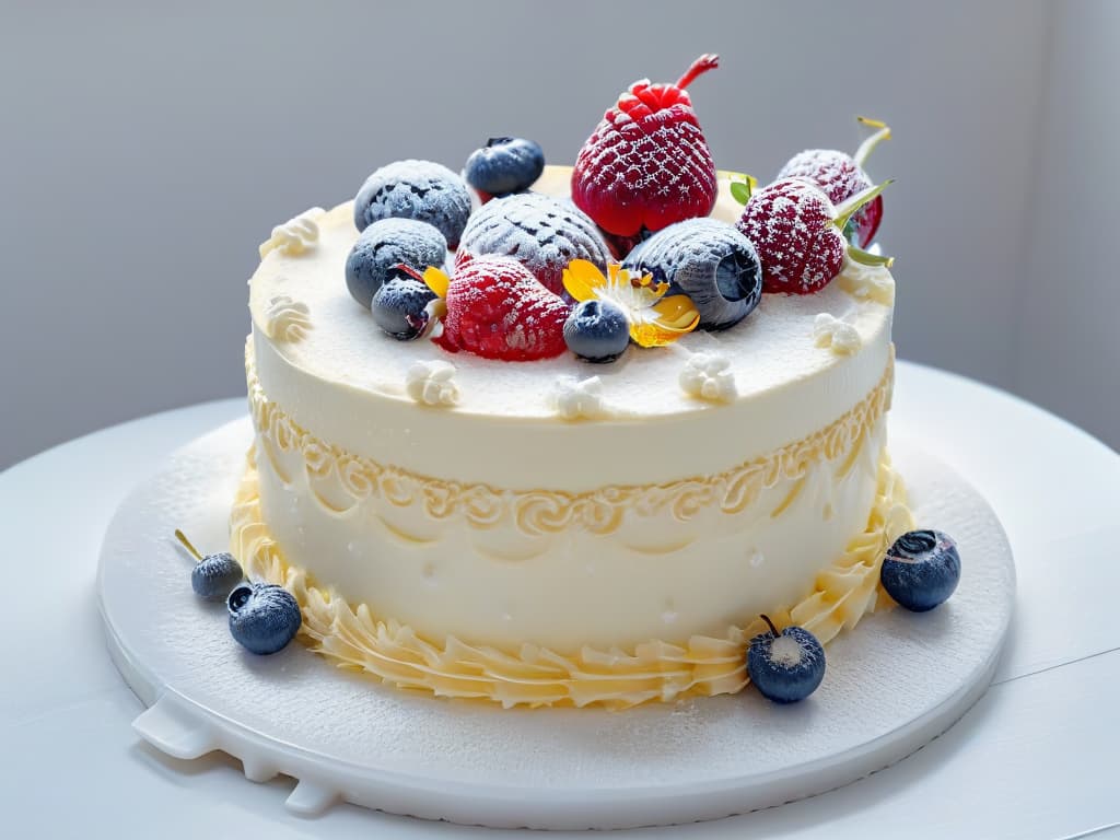  A closeup, ultradetailed image of a beautifully decorated cake with intricate icing designs in pastel colors, adorned with fresh berries and edible flowers, set on a sleek, white marble background. The lighting is soft, emphasizing the delicate details of the frosting and decorations. This visually stunning image captures the essence of exquisite pastry artistry and would perfectly complement the professional and inspirational tone of the article on Instagram strategies for pastry chefs. hyperrealistic, full body, detailed clothing, highly detailed, cinematic lighting, stunningly beautiful, intricate, sharp focus, f/1. 8, 85mm, (centered image composition), (professionally color graded), ((bright soft diffused light)), volumetric fog, trending on instagram, trending on tumblr, HDR 4K, 8K