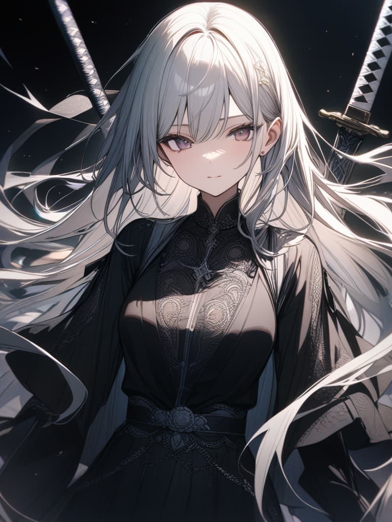  Glasses, white hair, bob, black dress, Japanese sword, masterpiece, best quality,8k,ultra detailed,high resolution,an extremely delicate and beautiful,hyper detail