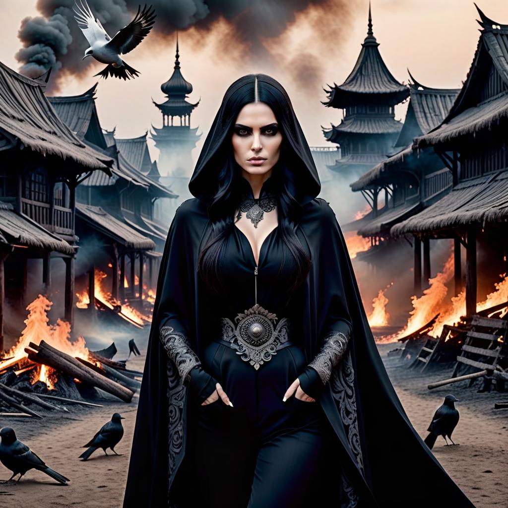  gothic style Black and white image. Slavic Kievan Olga. Black straight hair, black eyes, sullen, malevolent look, brows furrowed, poncho covering the , disgruntled face. Behind her back in the distance, wooden structures of the ancient city are burning, everything in fire, huge tongues of flame. In the sky, a flock of doves and sparrows is circling. . dark, mysterious, haunting, dramatic, ornate, detailed, on parchment hyperrealistic, full body, detailed clothing, highly detailed, cinematic lighting, stunningly beautiful, intricate, sharp focus, f/1. 8, 85mm, (centered image composition), (professionally color graded), ((bright soft diffused light)), volumetric fog, trending on instagram, trending on tumblr, HDR 4K, 8K