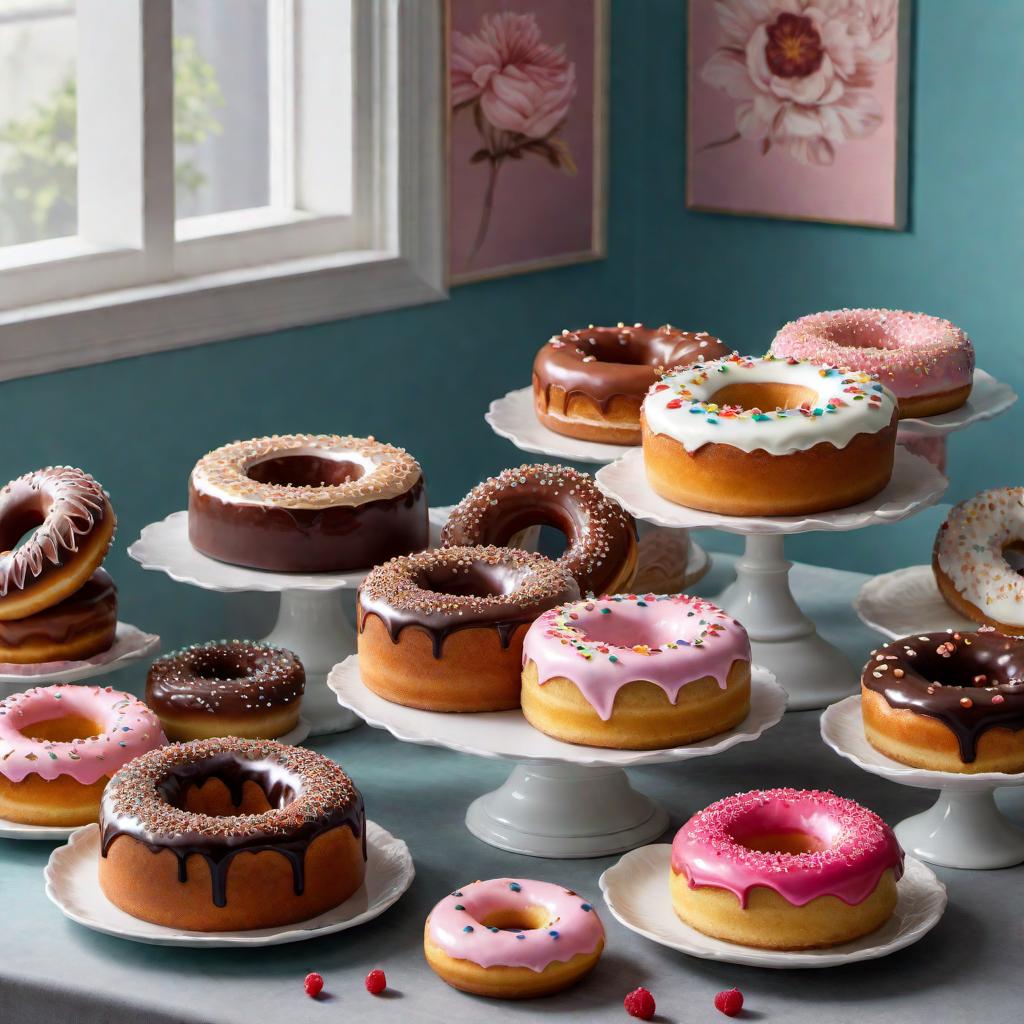  Create a design featuring a variety of cakes and doughnuts. The image should showcase delicious and appetizing cakes and doughnuts in a colorful and inviting display. Use vibrant colors, intricate details, and a mouth-watering presentation to highlight the sweetness and indulgence of these baked goods. hyperrealistic, full body, detailed clothing, highly detailed, cinematic lighting, stunningly beautiful, intricate, sharp focus, f/1. 8, 85mm, (centered image composition), (professionally color graded), ((bright soft diffused light)), volumetric fog, trending on instagram, trending on tumblr, HDR 4K, 8K