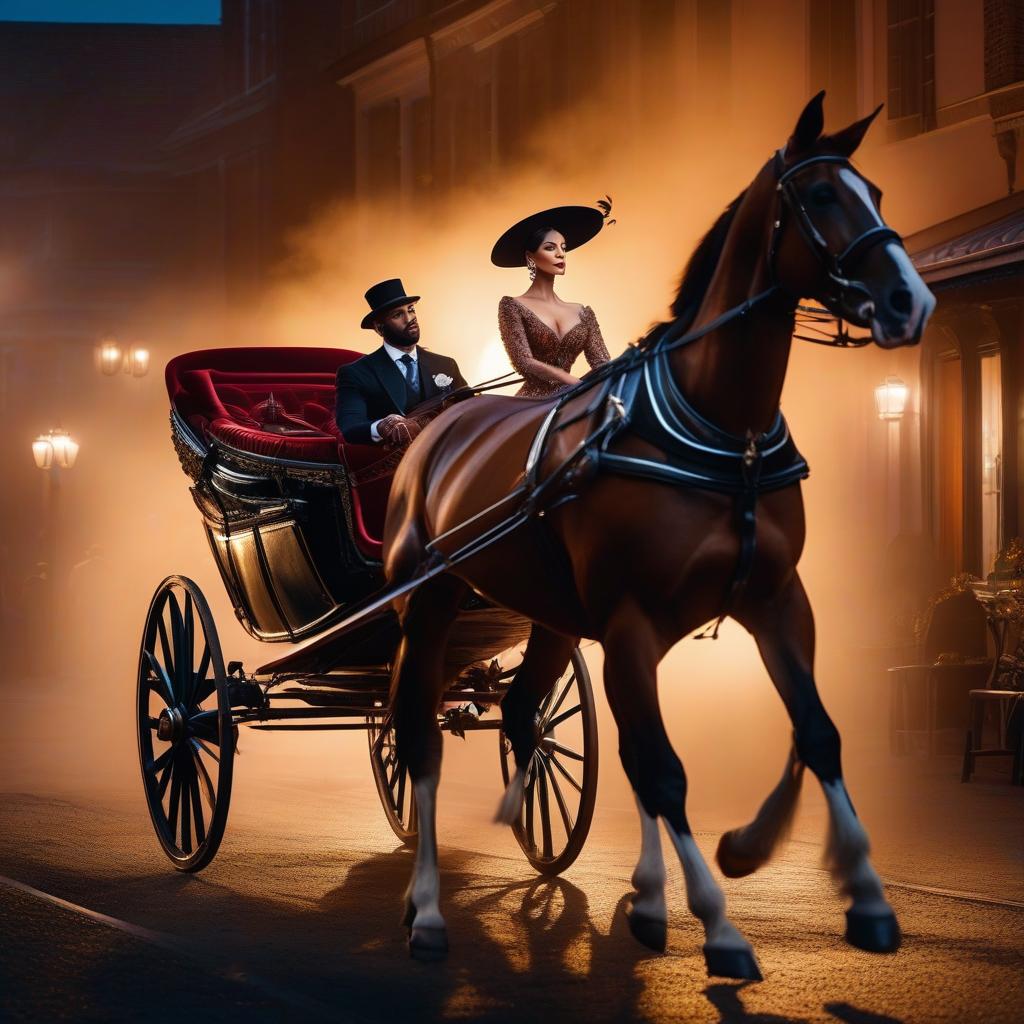  A duck in an evening dress rides in a carriage drawn by horses at night. hyperrealistic, full body, detailed clothing, highly detailed, cinematic lighting, stunningly beautiful, intricate, sharp focus, f/1. 8, 85mm, (centered image composition), (professionally color graded), ((bright soft diffused light)), volumetric fog, trending on instagram, trending on tumblr, HDR 4K, 8K