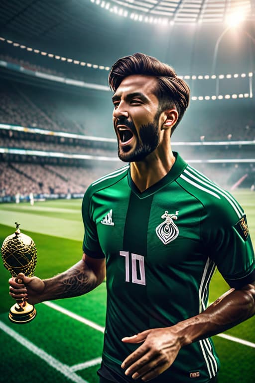  Male soccer Player with black green white shirt and short hair. In the middle of an stadium celebrating with trophy. Crowd is cheering and swinging flags hyperrealistic, full body, detailed clothing, highly detailed, cinematic lighting, stunningly beautiful, intricate, sharp focus, f/1. 8, 85mm, (centered image composition), (professionally color graded), ((bright soft diffused light)), volumetric fog, trending on instagram, trending on tumblr, HDR 4K, 8K