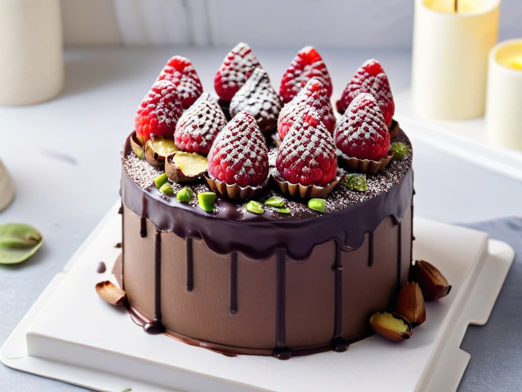  A closeup, highresolution image of a decadent quinoa chocolate cake topped with fresh raspberries, drizzled with dark chocolate ganache, and sprinkled with crushed pistachios, all displayed on a sleek, white marble cake stand. The rich colors and textures of the dessert pop against the clean background, emphasizing the indulgent yet nutritious nature of incorporating quinoa into desserts. hyperrealistic, full body, detailed clothing, highly detailed, cinematic lighting, stunningly beautiful, intricate, sharp focus, f/1. 8, 85mm, (centered image composition), (professionally color graded), ((bright soft diffused light)), volumetric fog, trending on instagram, trending on tumblr, HDR 4K, 8K