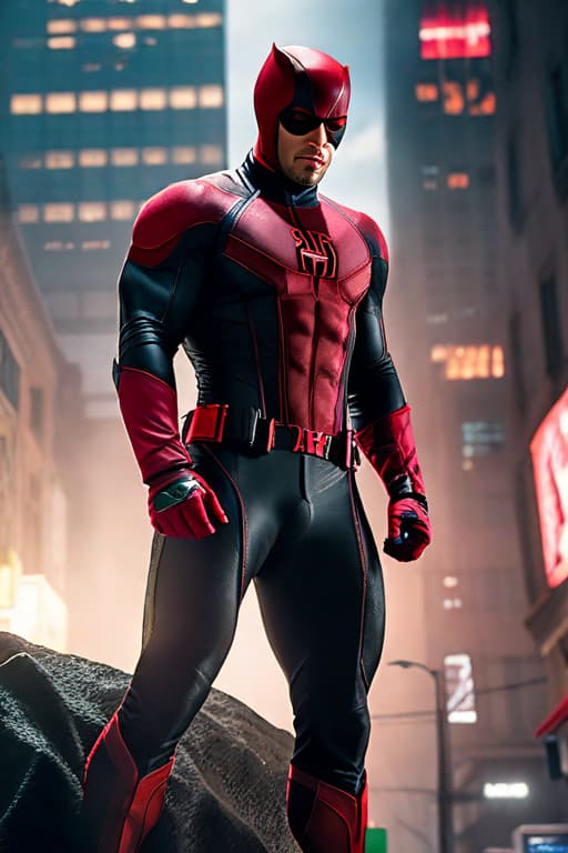  Daredevil stood high, behind him, looking down. hyperrealistic, full body, detailed clothing, highly detailed, cinematic lighting, stunningly beautiful, intricate, sharp focus, f/1. 8, 85mm, (centered image composition), (professionally color graded), ((bright soft diffused light)), volumetric fog, trending on instagram, trending on tumblr, HDR 4K, 8K