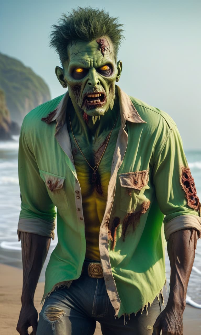  "A zombie man in a beach theme, skin color green, round and yellow eyes, ripped shirt." hyperrealistic, full body, detailed clothing, highly detailed, cinematic lighting, stunningly beautiful, intricate, sharp focus, f/1. 8, 85mm, (centered image composition), (professionally color graded), ((bright soft diffused light)), volumetric fog, trending on instagram, trending on tumblr, HDR 4K, 8K