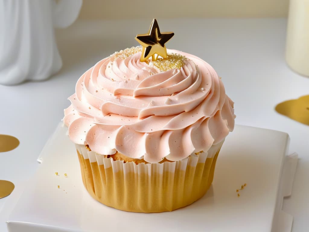  A closeup, ultradetailed image of a perfectly piped swirl of fluffy pastel pink buttercream frosting on a pristine white cupcake, delicately sprinkled with shimmering edible gold flakes. The frosting is smooth, with defined ridges from the piping bag, and the gold flakes catch the light, creating a luxurious and elegant aesthetic. The cupcake is set against a clean, white background, emphasizing the precision and artistry of the dessert. hyperrealistic, full body, detailed clothing, highly detailed, cinematic lighting, stunningly beautiful, intricate, sharp focus, f/1. 8, 85mm, (centered image composition), (professionally color graded), ((bright soft diffused light)), volumetric fog, trending on instagram, trending on tumblr, HDR 4K, 8K