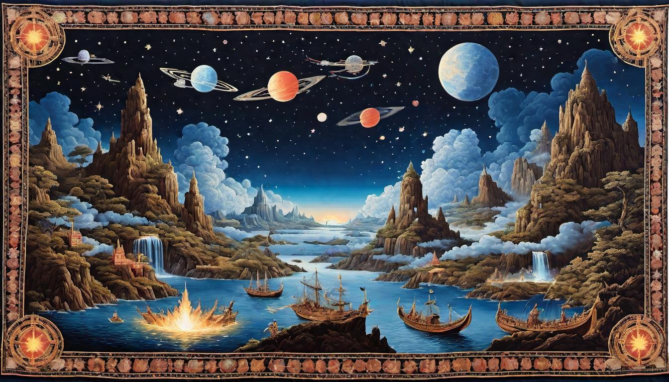  （surrealism)A grand tapestry woven with threads of light, depicting scenes of heroic deeds and celestial battles, galaxies and stars in the background, eternal, revered, historical grandeur mystic, intricate details, best quality)