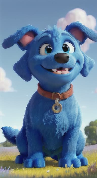  {A happy, big blue dog wagging its tail in a colorful meadow, The big blue dog is large with sky blue fur, big round eyes, a black nose, and floppy ears.