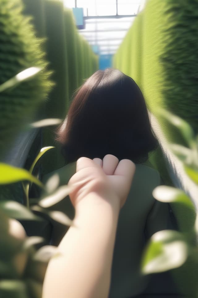  (((POV one's hand:1.4)))、((🧝‍♀️))、セーラー服、squat、from back、surrounded by bushes in outdoor、in focus with blurred background、💩、💩、💩、