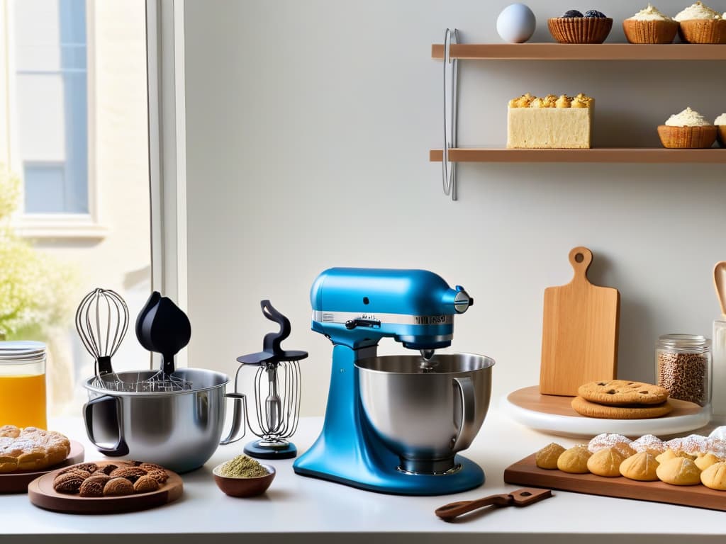  An ultradetailed image of a pristine, gleaming kitchen countertop with an array of toptier baking utensils neatly arranged: a sleek stand mixer, a set of highquality measuring cups and spoons, a precision kitchen scale, a variety of whisks and spatulas, and an assortment of cookie cutters. The utensils are elegantly displayed against a backdrop of soft, natural light streaming in through a nearby window, casting gentle shadows that accentuate their impeccable design and craftsmanship. The overall aesthetic is modern, minimalist, and effortlessly chic, embodying the essence of professionalgrade baking tools that inspire both expert bakers and enthusiastic amateurs alike. hyperrealistic, full body, detailed clothing, highly detailed, cinematic lighting, stunningly beautiful, intricate, sharp focus, f/1. 8, 85mm, (centered image composition), (professionally color graded), ((bright soft diffused light)), volumetric fog, trending on instagram, trending on tumblr, HDR 4K, 8K