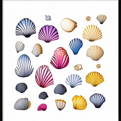  this is a minimalistic shapes original art print of cute seashells among flowers. vibrant colors