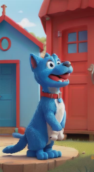  {Max the big blue dog standing in front of a cozy little house with a red door, The big blue dog is large with sky blue fur, big round eyes, a black nose, and floppy ears.