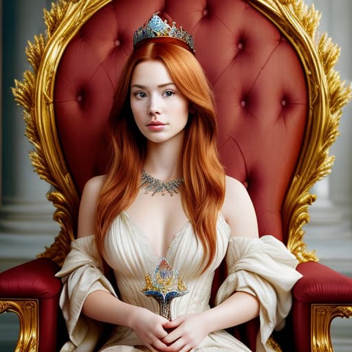  Portrait of a beautiful auburn - haired woman with a guilded crown sitting on a throne with heightened detail