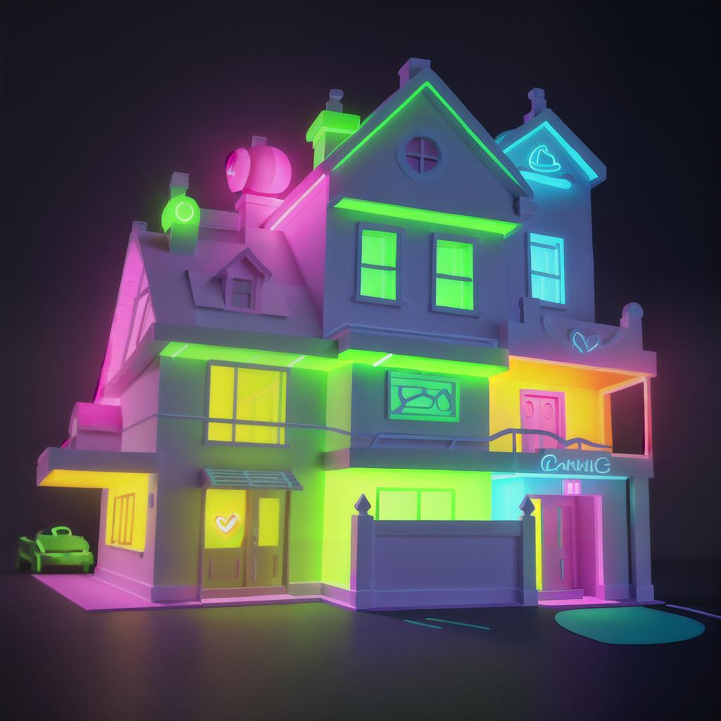  masterpiece, best quality, view from front, two-dimensional, drawing, undetailed, one-line drawing, neon illustration style, very simple, undetailed neon house with a heart drawing, neon details only, no background images, few details, all captured in stunning 8k resolution, bright colors, dark background