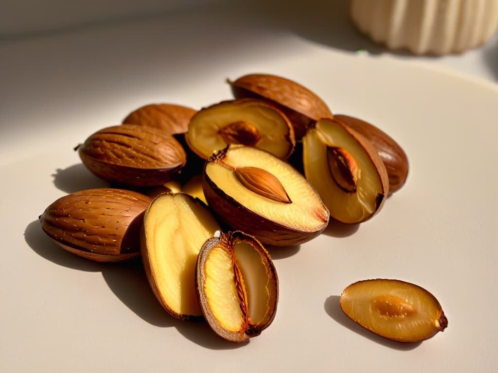  A closeup, ultradetailed image of a perfectly goldenbrown almond sliced in half, showcasing its intricate texture and natural oils glistening under soft lighting. hyperrealistic, full body, detailed clothing, highly detailed, cinematic lighting, stunningly beautiful, intricate, sharp focus, f/1. 8, 85mm, (centered image composition), (professionally color graded), ((bright soft diffused light)), volumetric fog, trending on instagram, trending on tumblr, HDR 4K, 8K